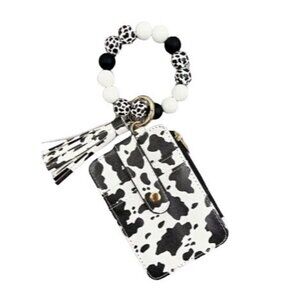 Cow Print Keychain Wallet Wristlet With Beaded‎ Bracelet Tassel Key Ring New